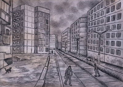 Several tightly packed high-rise buildings that are approximately eight stories tall with a street running between them. Three people can be seen walking on the street, heads down in an almost zombie-like posture. Two cars are parked on the right side of the street as you look at the drawing and a lone cat is walking down the left side of the street, away from the viewer.