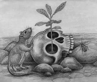 A human skull lying sideways on the ground with a small plant growing through one of the eye sockets. A mouse rests its front paws on the skull's forehead and sniffs one of the plant's leaves and a beetle crawls on a rock next to the skull. With humans extinct, the scene conveys a sense of hope that nature is beginning to regenerate.