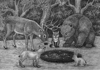 A buck, a fox, a bear, a rabbit, and a small cat (possibly a bobcat) crouch around a small, round pool of black, bubbling liquid (oil). All five are peering at it curiously. The background is comprised of three trees and overgrowth, indicating they're at a clearing in the woods.