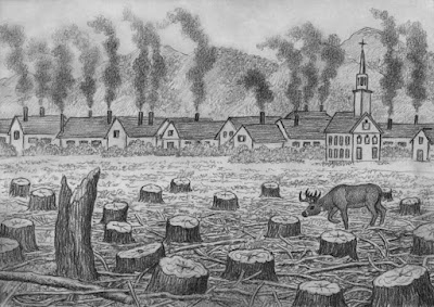 Approximately 20 tree stumps in the foreground with a buck sniffing/pawing at one of them. In the background are a church with a steeple and approximately 12 rectangularly shaped homes crowded together. The homes have steeply pitched roofs and chimneys with smoke billowing prominently from them.